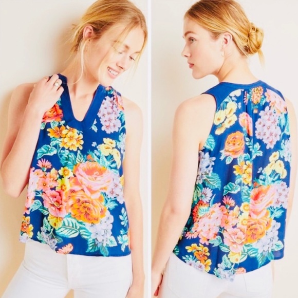 Anthropologie Tops - Anthropologie Dark Blue Floral Tank Top